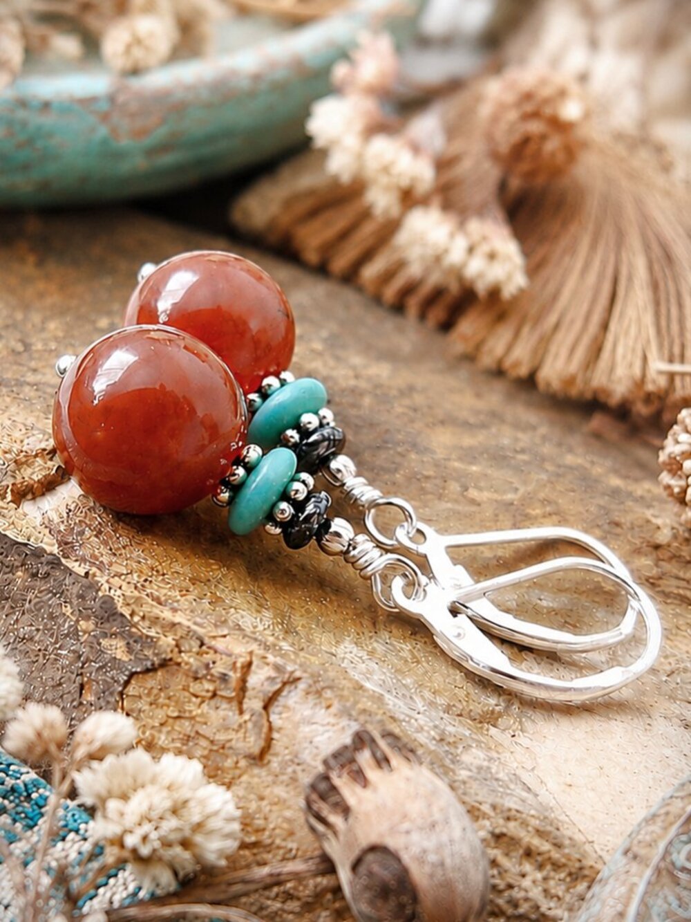 Southwest Western Boho Earrings Gemstone 925 Sterling Silver Leverback Dangle